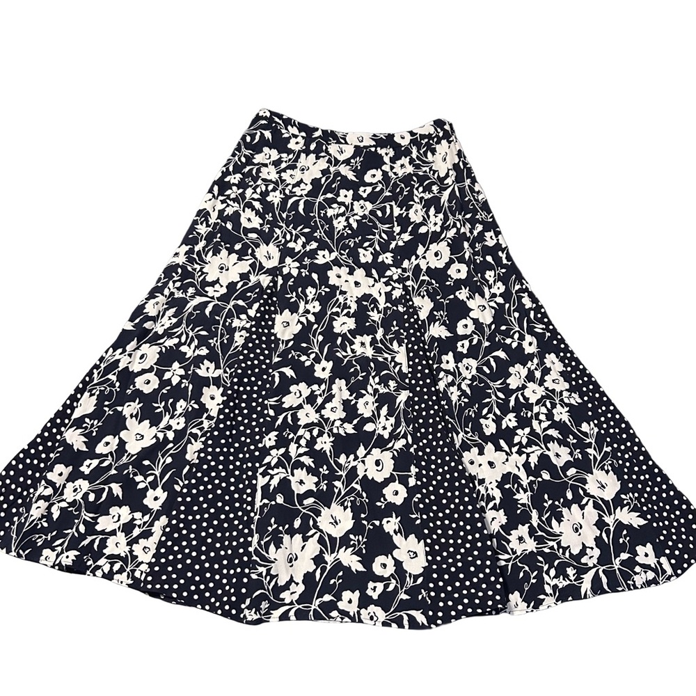 Talbots Dark Navy and White Flowy Floral A-Line Skirt Cute Polka Dots Size 2